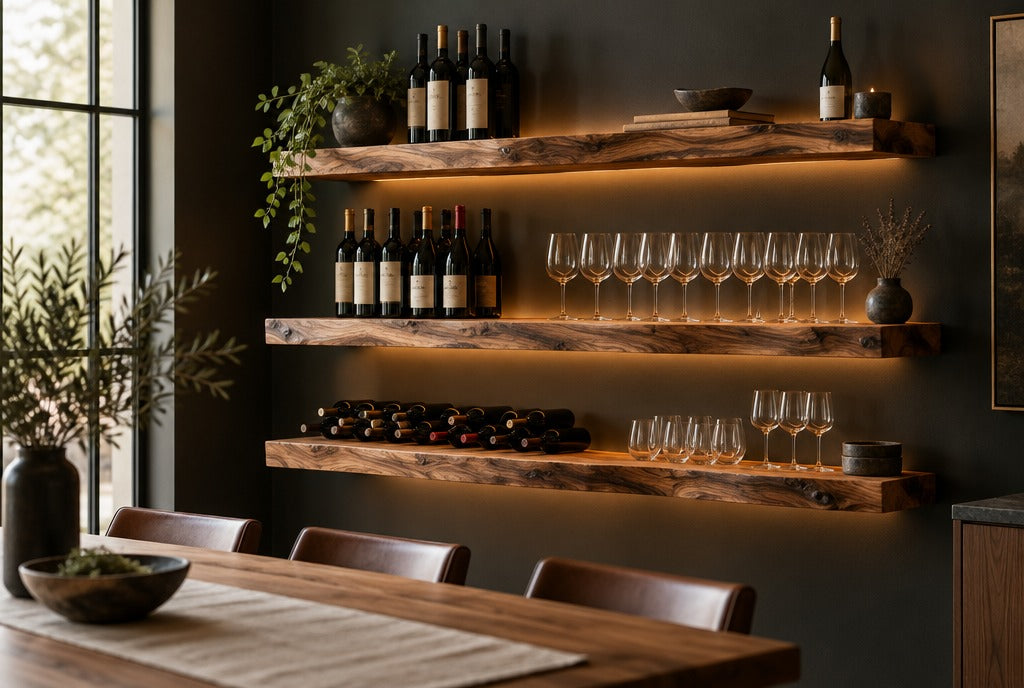 A dark dining room wall with live-edge floating wood wine shelves holding bottles and glasses, warm accent lighting