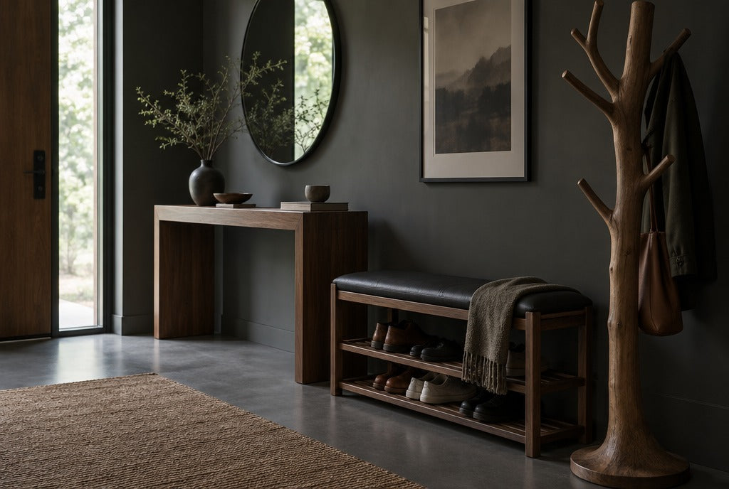 A dark modern entryway with a narrow solid wood console, a shoe rack bench and a sculpted tree coat rack