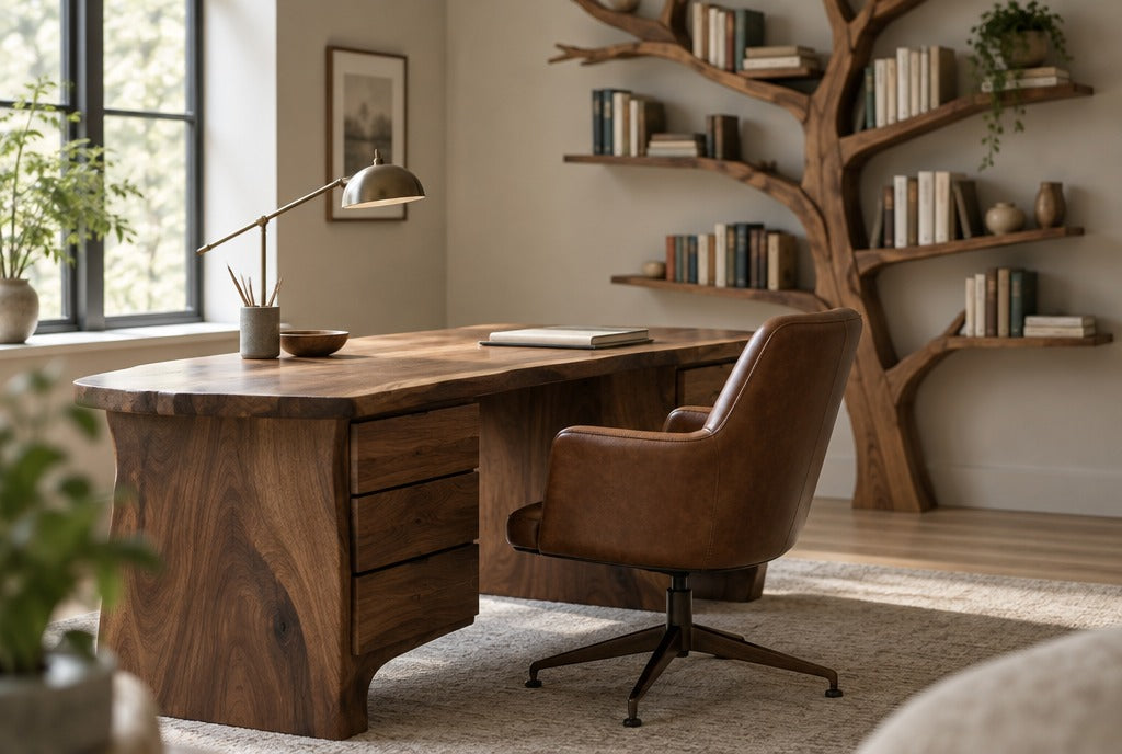A home office with a sculpted solid wood desk with drawers, a leather chair, a desk lamp and a tree bookshelf on the wall