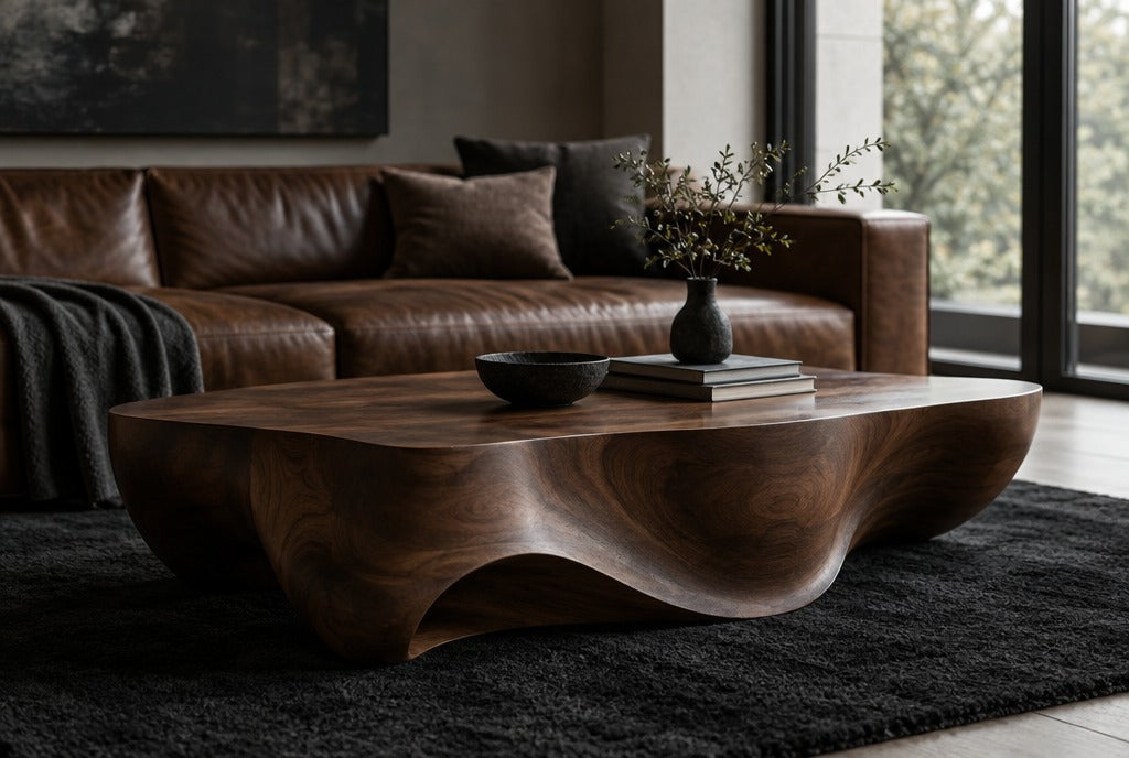 A moody living room with a sculpted solid wood coffee table with deep curves on a black rug in front of a leather sofa