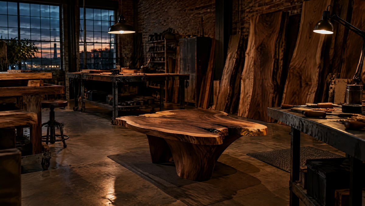 An industrial woodshop with wood slabs and a newly sculpted coffee table