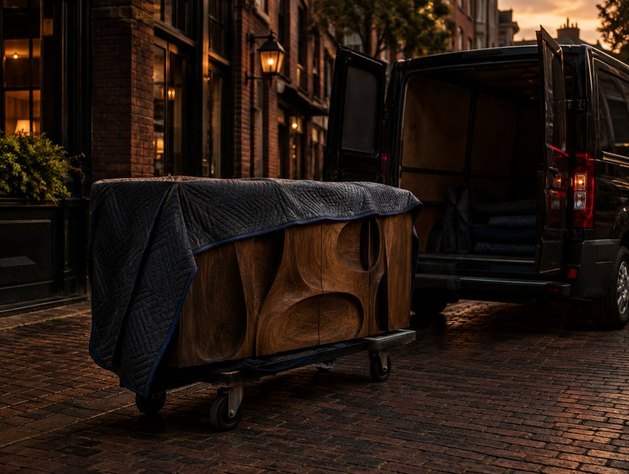 A blanket-wrapped sculpted wood console beside a delivery van